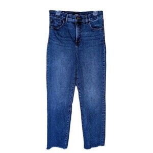 Express 8R High Rise Straight Jeans Women’s Raw Frayed Hem Stretch Denim